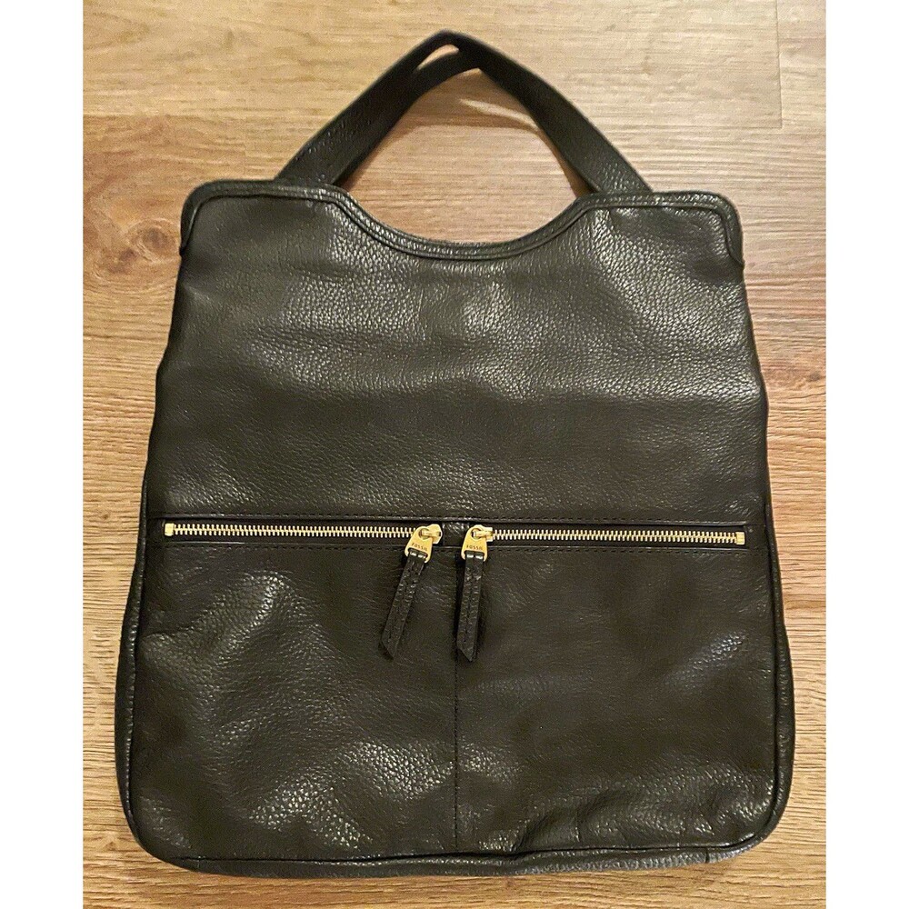 Fossil Black Pebbled Tote Top Handle Zip Closure Gold Hardware Solid